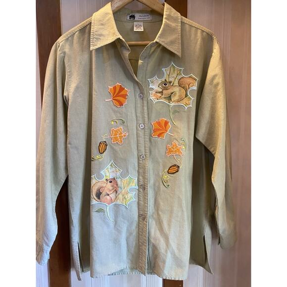 Storybook Pumpkin Fall Squirrel Applique Button Shirt Women’s Large - Picture 1 of 8